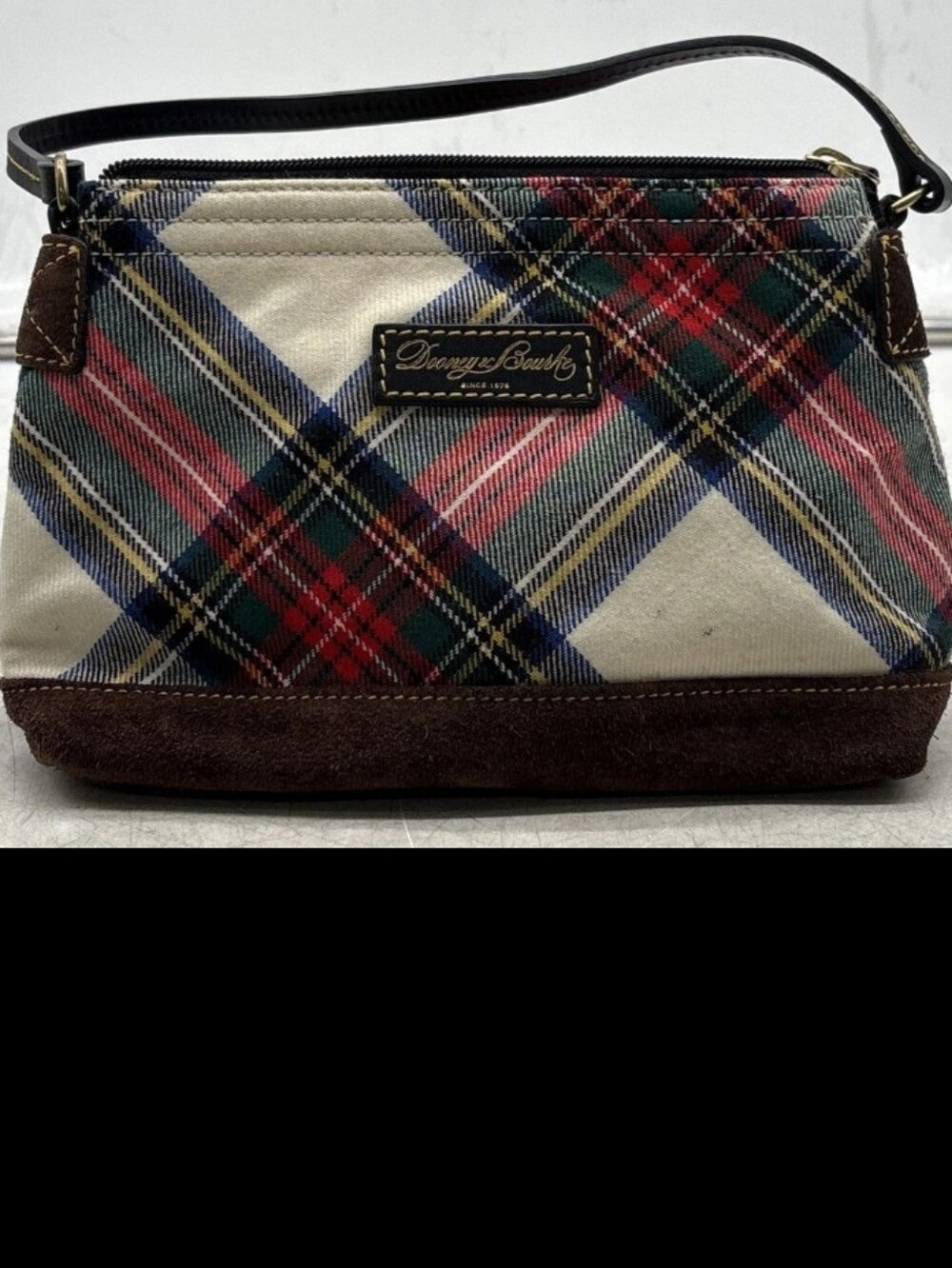 Dooney & Bourke Red Green Plaid Wristlet with Brown Trim